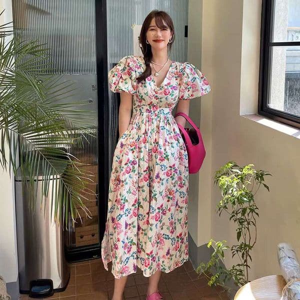 Canwedance Women Romantic Puff Sleeve Ral Printing Midi Length Vestidos High Waist Cotton Princess Dress Holiday Robes