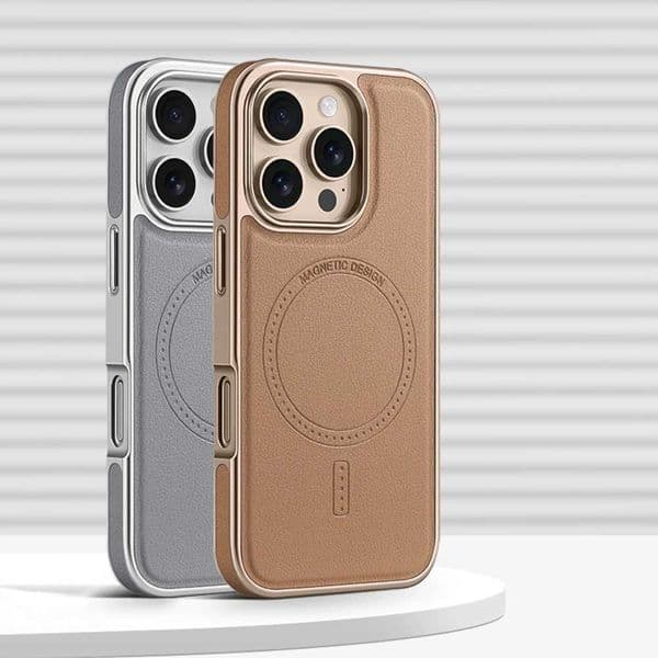 Luxury Business Plating Frame Leather Magnetic Back Case For iPhone 16 15 14 13 Pro Max Wireless Charge Shockproof Cover Z250122
