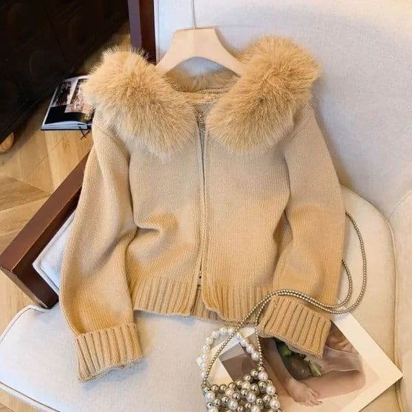 Korean double zipper fur collar stitching n sense hooded knit cardigan womens slim and top in autumn winter 250109