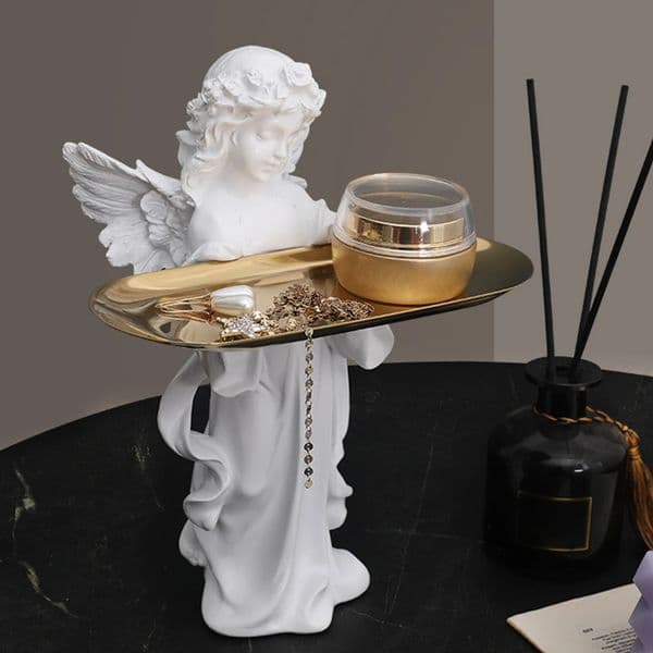 Nordic Resin Goddess Angel Statue Ornament Desktop Prayer Girl Angel Sculpture With Metal Tray For Study Coffee Shop Decor 250117