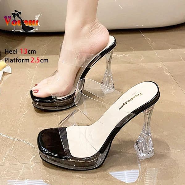 Transparent PVC Clear Heel Slippers Womens Square Toe 10CM 13CM High Heels Mules Summer Slip On Sandals Ladies Shoes 250118