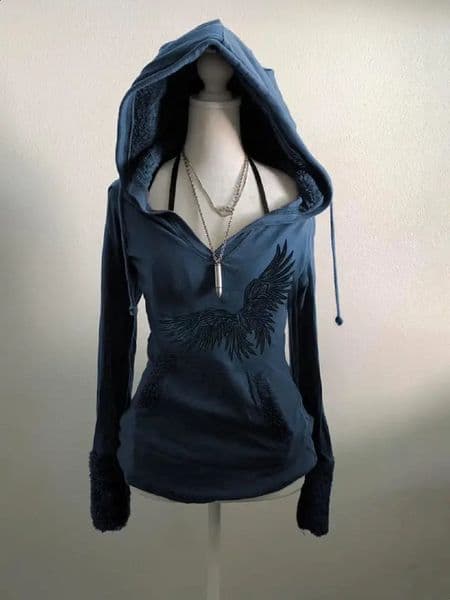 Edgy Subculture Y2K Jacket with Hooded Sweatshirts Women with American Retro Street Style and Unique Design T-Shirt Top Harajuku 250206