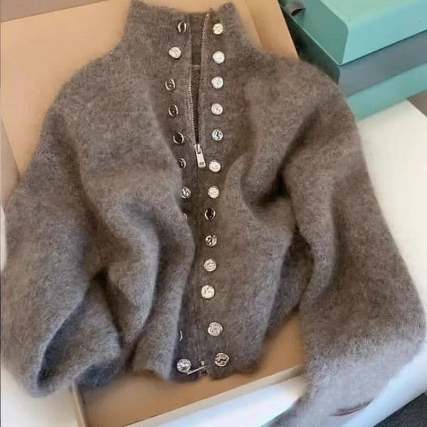 Zipper Elegant Gray Knitted Cardigans Double Breasted Decor Korean Sweaters Stand-up Collar Vintage Thick Coats Women Clothing 250122