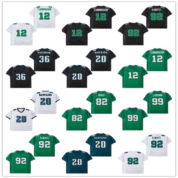 Men Throwback American Football Jerseys 92 Reggie White 20 Brian Dawkin 12 Randall CUNNINGHAM 99 Jerome Brown 36 BRIAN WESTBROOK 82 Mike Quick Retro Green Black
