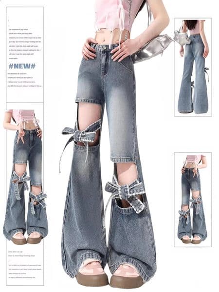 Womens Y2k Bow Jeans Baggy Harajuku 2000s Trashy Hollow Out Oversize Denim Trousers 90s Aesthetic Jean Pants Vintage Clothes 250117
