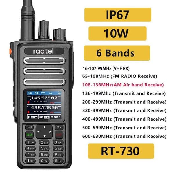 Radtel RT-730 IP67 Waterproof 10w Air Band Walkie Talkie Full Band Amateur Ham 199CH HT USB-C Battery NOAA FM AM UHF VHF Satcom X250129