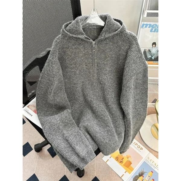 High Sense Half Zipper Idle Sle Hood Pullover Sweater Mens Autumn and Winter Casual Loose Couple Knit Outerwear 250109w