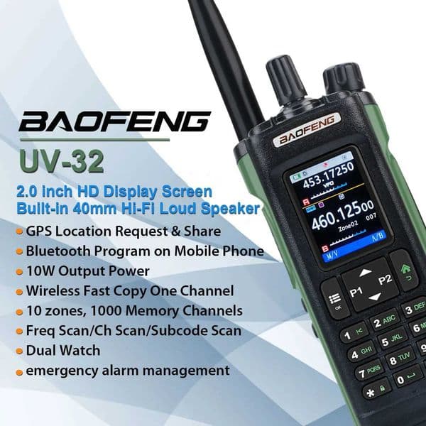 Wireless intercom Baofeng UV-32 Air Band 10W GPS amateur FM two-way radio with 2.0-inch high-definition screen and 2200mah USB-C rechargeable battery X250129