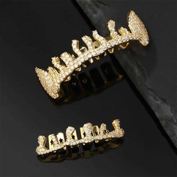 RACHELZ Hip Hop Water Drop Zircon Teeth Grillz Gold Silver Color Flame CZ Stone Tooth Caps For Women Men Body Jewelry CosplayXJ250114