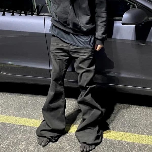 PFNW Mens Denim Pants High Street Wide-leg Flared Jeans2025 Summer Trendy Male Straight Trousers Black Dark Style 12Z6022 250118