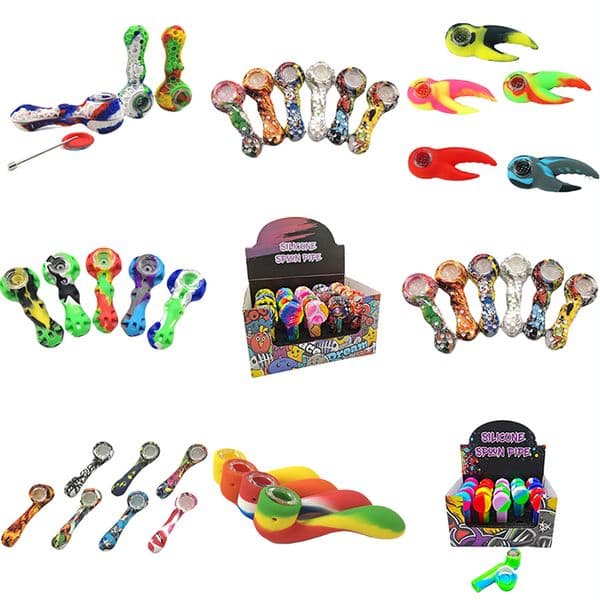 Camouflage Patterned 9 Style Silicone Smoking Pipes Dry Herb Tabacco Pipe With Glass Bowl Customized Printings Lid Metal Pot