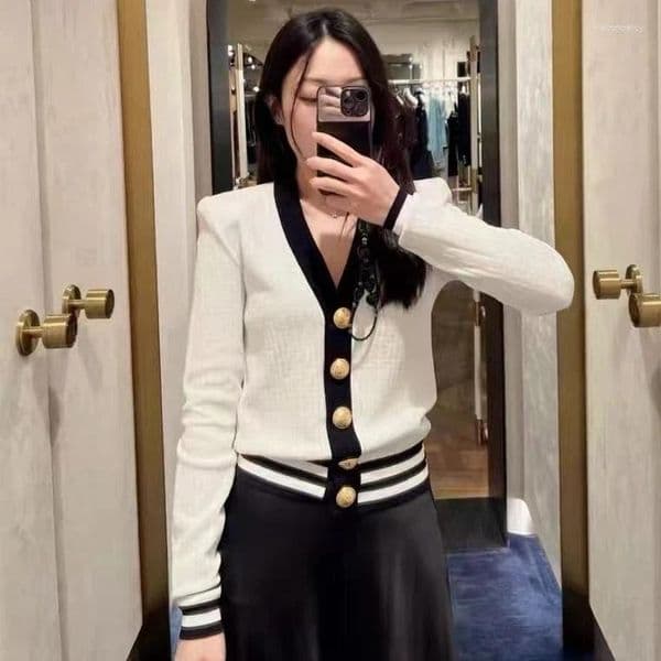Women's Sweaters V-neck Long-sleeved Cardigan Metal Button Slim Fit Ladies Tops