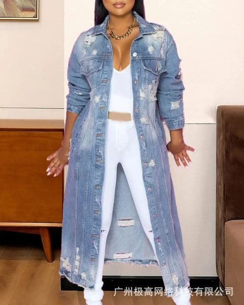 Ripped Raw Hem Button Front Longline Denim Coat Women Cardigan Breasted Holes Jackets Pockets High Street Outerwear Autumn 250801