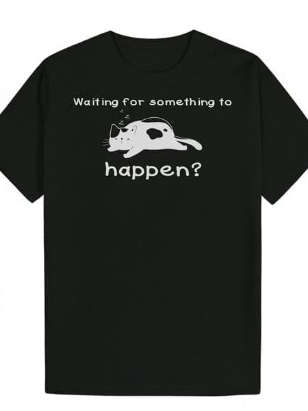 Men's Summer T-Shirt with "Waiting Something to Happen?" Pattern - Round Neck, Polyester Fiber, Regular Fit, Playful Pattern, Perfect for Casual Wear, Cat Shirt
