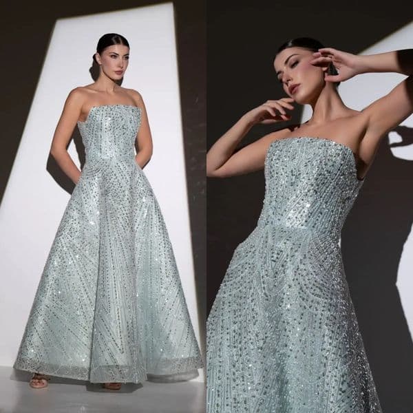 Classic A Line Evening Dresses For Women Strapless Sleeveless Gown Sequins Backless Floor Length Party Customized Dress Youmaigowns