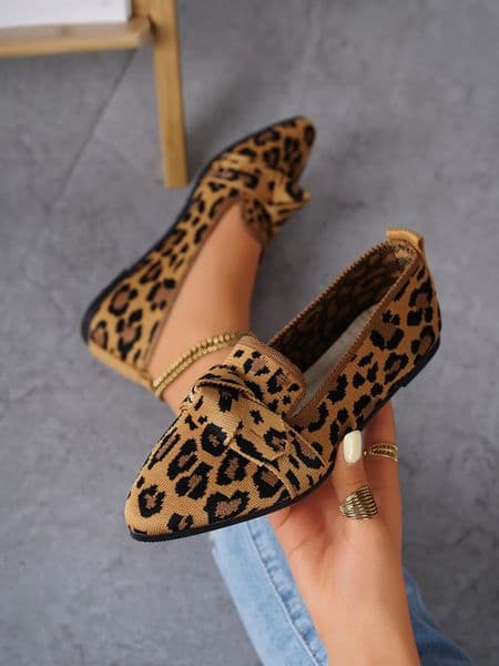 Leopard Print Flat Shoes for Women Shallow Slip-On Bow Shoes for Women 250731