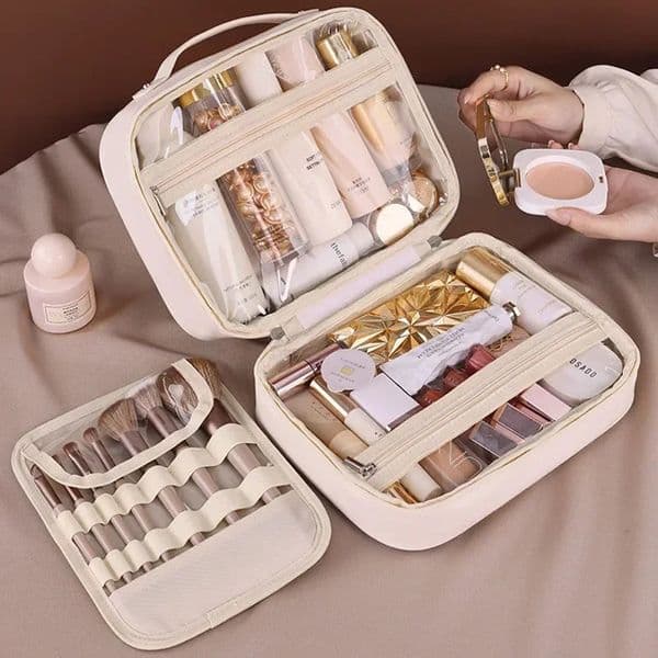 Makeup Bag PU Leather Double Layer Clear Cosmetic Bag Large Capacity Cosmetics Organizer Womens Travel Essentials 250731