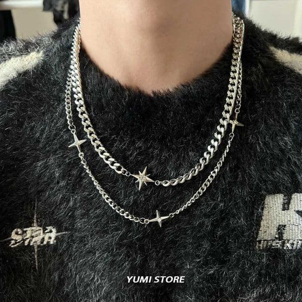 Hip Hop Double-layer Star Cross Necklace For Men and Women Titanium Steel Clavicle Chain Choker Punk Male Accessories Wholesale Y250620