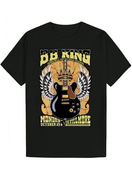 Men s Summer Round Neck Polyester T Shirt BBKING Design Black Featuring Winged Guitar Pattern Lightweight and Breathable Suitable for Casual Wear