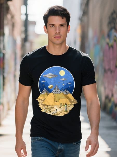 Men s Egyptian Pyramids UFO Sci Fi Graphic T Shirt Cotton Short Sleeve Round Neck with Vibrant Digital Print