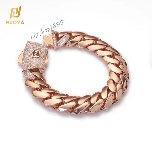 NUOYA Luxury Hip Hop Rose Gold Plated Thick Cuban Links with Diamond Clasp Mens Thick Monaco Cuban Link Chain Bracelet