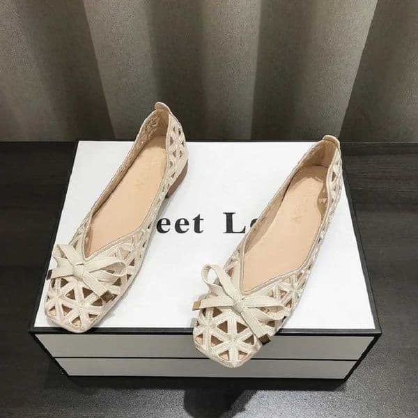 2025 New French Style Bow Flat Sandals Wen Geetric Cut-Out Peep-Toe Breathable Summer Beige Shoes for Dresses Y250823