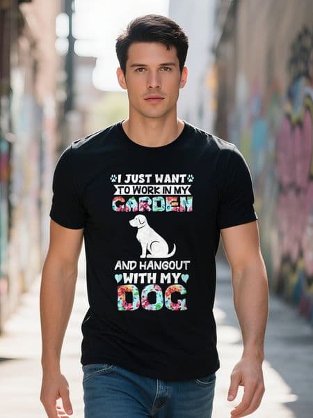 Men's 100% Cotton T-Shirt - Hangout My Funny Graphic T-Shirt, Short Sleeve, Black, Floral Dog Design, Lightweight and Breathable, Suitable for Casual Wear