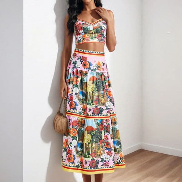 Summer Holiday Dress Set Crop Tops and Long Skirts Sutis Women Flower Print Bustier Corset A Line Midi 2PCS Outfits 250801BJ