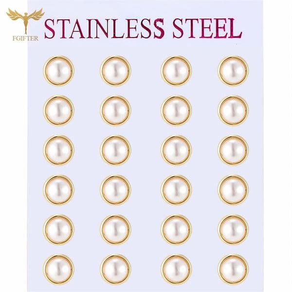 12 Pair Round Pearl Earrings for Women Girl Simple Ear Piercing Jewelry Golden Stainless Steel Stud Earrings Set Fashion Jewelry 250729