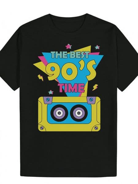 90s Graphic for Men-Casual Crew Short Sleeve T-Shirt with Vibrant Cassette Design, Summer Wear, Music Fan Clothing Round Neck Shirt | Polyester fabric, T-shirt