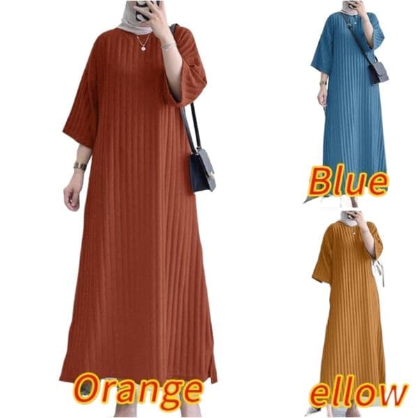 (572) New Everyday Solid Color Three-quarter Sleeve Elegant and Simple Striped Dress