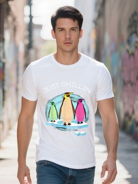 Men's Cotton Just Chillin Pink Blue White Penguins On Ice Funny T-shirt 0c052