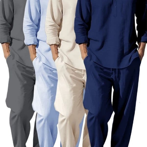 2pcs Shirt Pants Set Longsleeved Henry Shirt Trousers Suit Sense of Texture Vacation Light Breathable Draped Mens Clothing y250724
