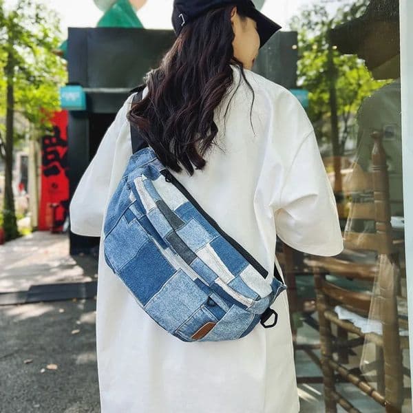 Hip Hop Plaid Denim Waist Bag Men Women Multifunction Waterproof Vintage Chest Bag Outdoor Casual Sport Crossbody Bag 250801