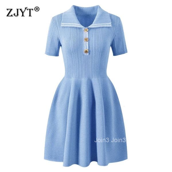 Summer Fashion Short Sleeve Knitted Sweater Dress Blue Women Turn Down Collar Mini Casual Daily Dresses Female Vestidos New