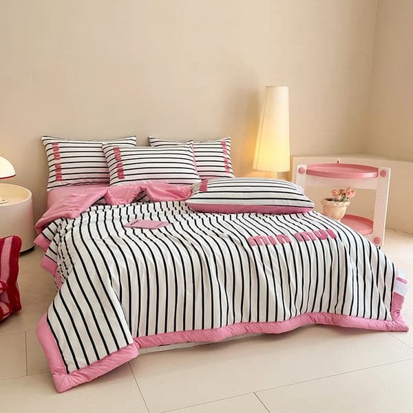 INS Stripe Summer Quilt set Pink and white Bedding Set with Flat Sheet soft fluffy embroidery for kids adult 250708