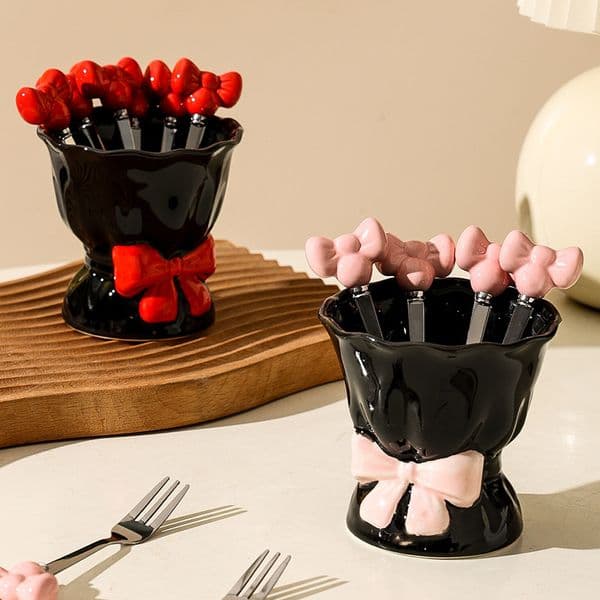 Butterfly Knot Cute Fruit Exquisite High-Value Light Household Stainless Steel Small Fork Ceramic Storage Jar