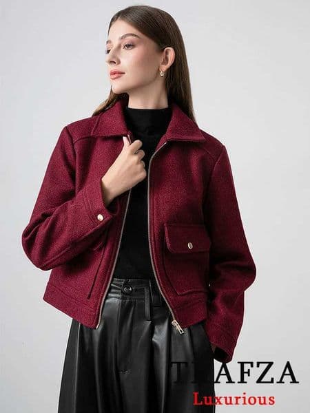 TRAFZA Red Bordeaux Loose Jackets Women Zipper Pockets Short Coats Fashion 2025 Spring Elegant Bomber Jackets Elegant Outerwear Z250804