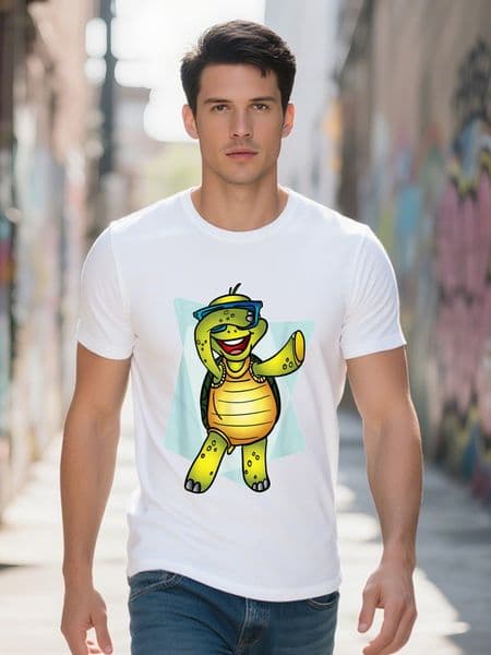 Men's Cotton T-Shirt Funny Cartoon Turtle with Fashion Glasses Design Black Short Sleeve Tee Adults Lightweight f887e