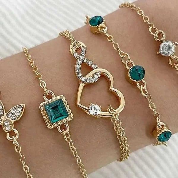 5 PCS Set Hollow Out Heart Green Crystal Stone Bracelet Set For Women Gold Color Butterfly Rhinestone Girls Bracelet Set XJ250804