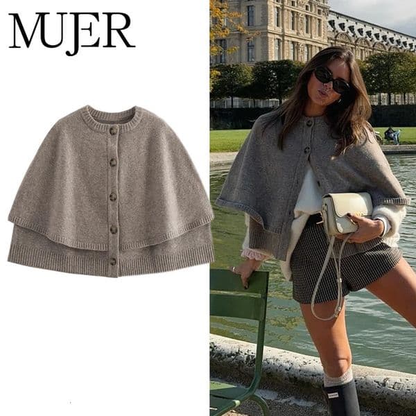 MUJER Knit Cape Cardigan for Women Shawl Winter Coats woman Cropped Coat Ponchos for Women Fashion Outerwear Cloaks of Woman 250729
