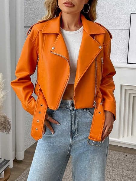 Fitaylor Spring Autumn Women PU Leather Jacket Lady Lapel Motorcycle Leather Outerwear Casual Orange Coat Z250804