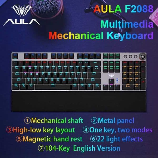 aula f2088 Mechanical Keyboard Wired Gaming Keyboard Multi-Function Knob 104 Keys Magic Backlit Keyboard Macro Programming Computer Z250805