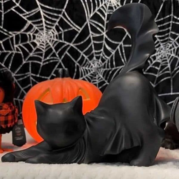 2025 New Halloween Cloak Ghost Black Cat Anime Figures Stretch Cat Ornament Sculpture Crafts Desk Accessories Gift For Friends Z250805
