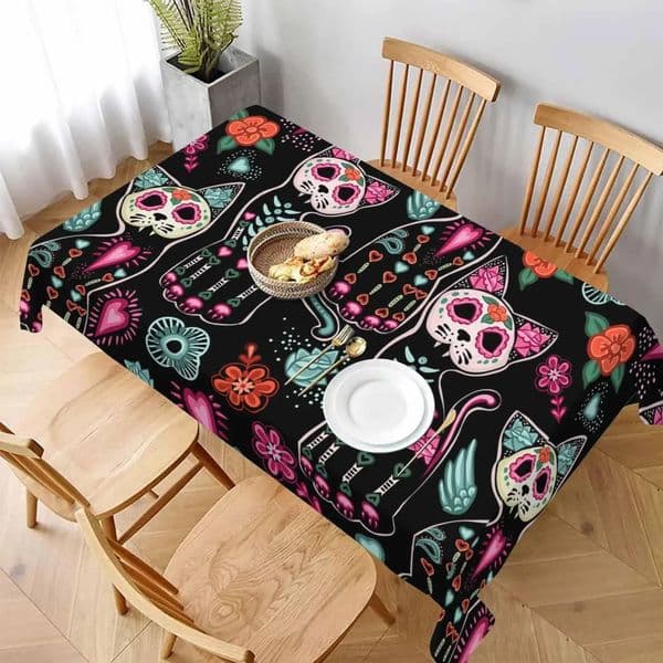 Mexican Day of The Dead Cat Flowers Rectangle Waterproof Tablecloth Table Decor Reusable Kitchen Dining Tablecloth Party Decor 250804