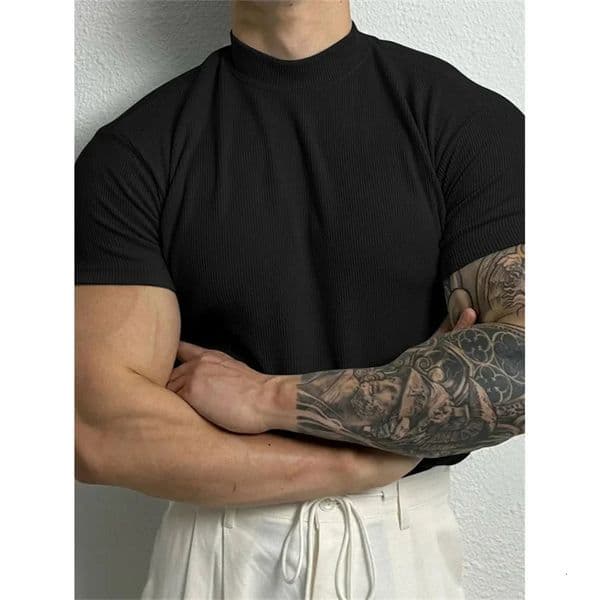spring summer Elastic Comfortable Mens T-shirt Small high collar stripe shirt short sleeve fitness top sport casual T-shirt 250804
