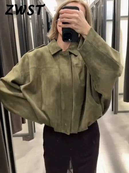 Green Suede Jacket For Women Fashion Lapel Zipper Long Sleeve Pockets Bomber Coat 2025 Autumn Lady Loose Motorcycle Outwears 250804