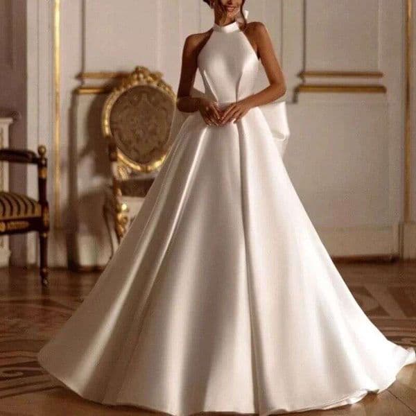 Women's Clothing light high end satin wedding simple sexy front slit bride out of the veil classic halter neck evening dress