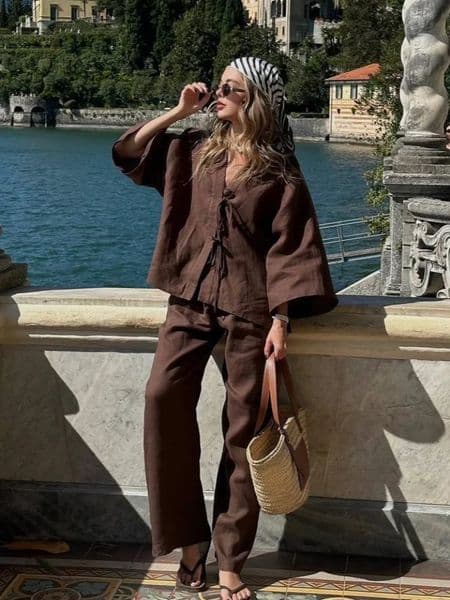 Brown Cotton Linen Loose Pants Set Womens Oversized V Neck Buttons Shirts Suit Lady Summer Casual Daily Street Outfits 2025 250724