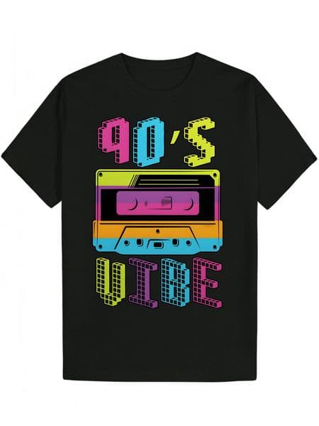 90s Cassette Tape Pattern - Black Polyester Crew Neck T-Shirt with '90s Text, Men's Summer Casual Style, Music Themed Clothing Vibrant Design | Smooth texture 4bfaa